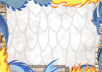 Blue dragons themed background & border with dragon scales and old parchment paper background, frame of blue dragon slithering shapes and yellow flames, bordered by medieval castle citadel turrets  © the frenchy viet