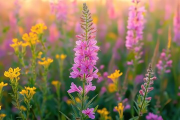 Obraz premium Tall pink wildflower spikes and small yellow blooms in a sunlit meadow, soft bokeh and warm golden light creating a peaceful, dreamy summer scene