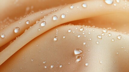 close-up of peach satin fabric with scattered water droplets on soft folded surface evoking serene luxurious freshness