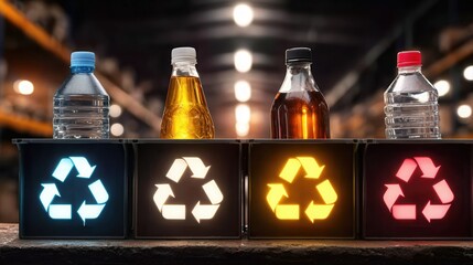 Bottles on recycling bins with glowing symbols in warehouse