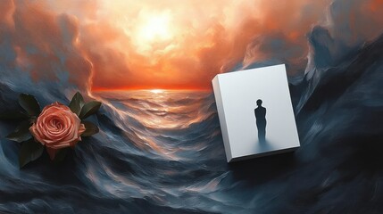 solitary silhouetted figure on a white box floating amid dark turbulent ocean waves under a glowing orange sunset with a single rose nearby, evoking melancholy and contemplation