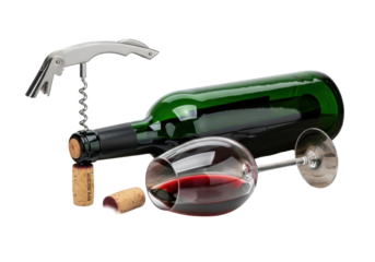 Dark emerald wine bottle with silver corkscrew, clear crystal glasses with ruby wine, and corks arranged on rustic dark oak wood, bright white background, elegant wine appreciation concept