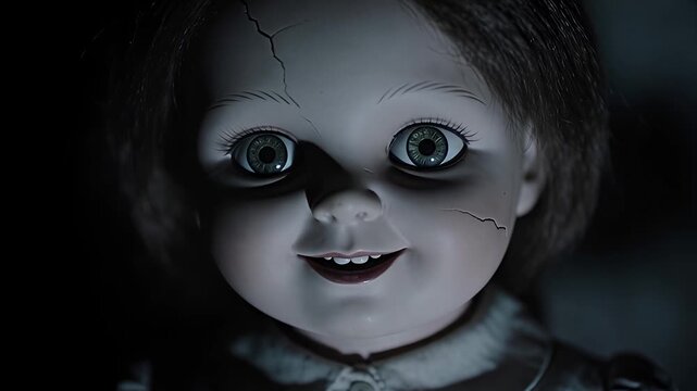 Creepy Doll Staring with Glowing Eyes in Dark Room Spooky Horror Scene.