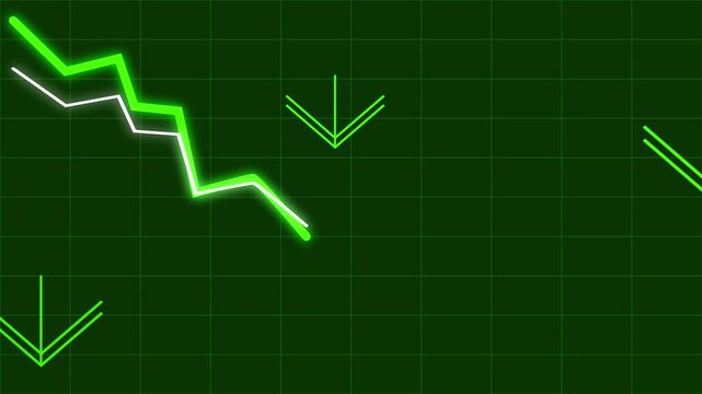 Green neon arrows moving downwards on a grid background. Abstract financial chart representing market crash, loss, or economic recession trends in business.