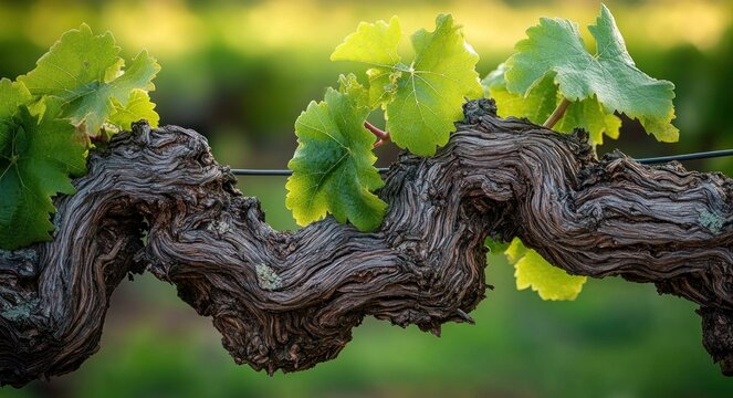 Gnarled grapevine trunk with twisted weathered bark and bright green leaves on a trellis wire, backlit sunlight evoking calm resilience