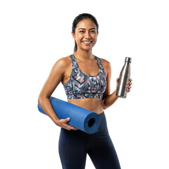 Happy athletic Asian woman holding a blue yoga mat and a reusable water bottle, smiling confidently at the camera on an isolated transparent background.