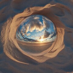 reflective glass sphere in a sand depression reflecting golden sunset over rippled beach and cloudy sky, evoking a tranquil contemplative mood