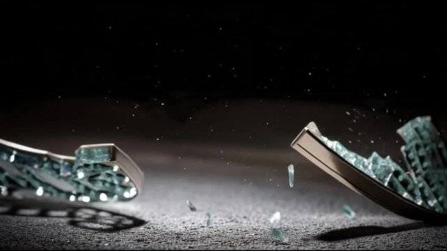 Shattered glass heart sculpture on a dark surface, symbolizing heartbreak and fragility
