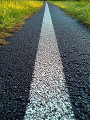 low-angle close-up of textured asphalt path with a bold white center line flanked by green grass, conveying focus, calm and a sense of forward journey