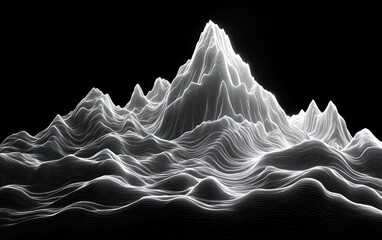 glowing white wireframe mountain range of layered contour lines on a black background, ethereal and futuristic