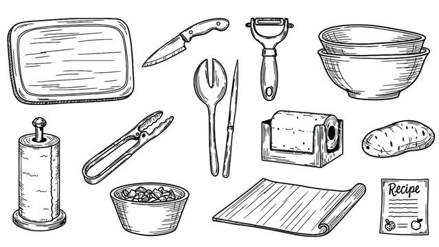 Hand drawn kitchen utensils and baking ingredients illustration set.