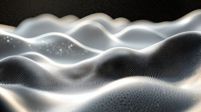 Serene luminous dotted mesh forming undulating abstract landscape of smooth metallic waves with soft glow and bokeh accents - Powered by Adobe