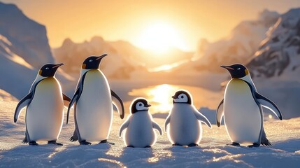 Obraz premium three adult penguins and two fluffy chicks standing on snowy ice at a golden sunset with icy mountains and calm reflective water, a warm peaceful family scene