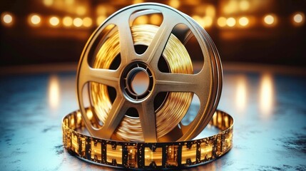 golden metal film reel with unspooled filmstrip on reflective surface under warm bokeh stage lights, evoking nostalgic cinematic glamour