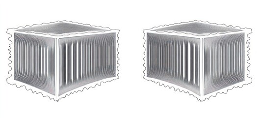 two mirrored ribbed metallic cubes with scalloped outlines floating on a white background, abstract geometric minimal and surreal calm composition