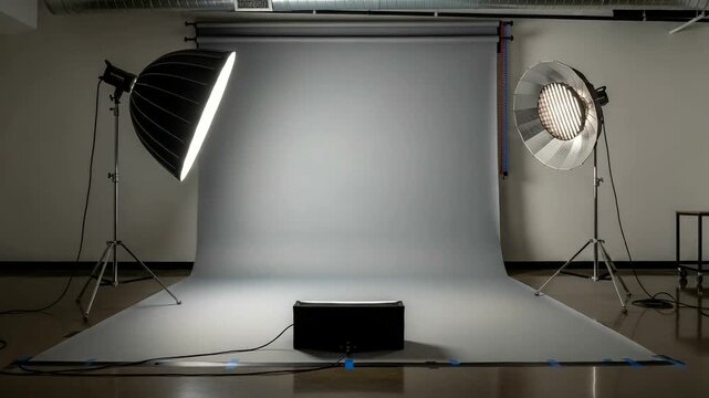 Photography studio setup with lighting and backdrop