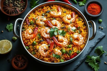 Fototapeta premium overhead view of a vibrant metal pan of saffron yellow rice studded with plump shrimp, green peas and cilantro, surrounded by spices, lemon wedge and fresh herbs — warm and appetizing