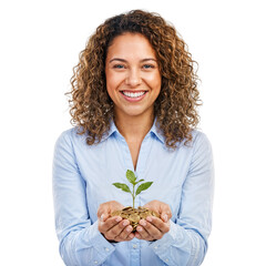 Happy young woman with curly hair lovingly holding a small green plant growing from coins, symbolizing financial growth and sustainable investment on isolated transparent background.