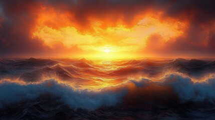 Fiery sunset over turbulent ocean waves with glowing golden reflections, dramatic clouds and powerful surf evoking awe and intensity