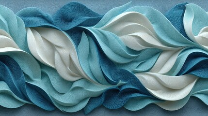 Obraz premium Seamless white-to-blue gradient 3-D wave-leaf ceramic wall tiles create a fluid, modern texture panorama banner; glossy raised curves overlap like gentle ocean surf and stylized foliage