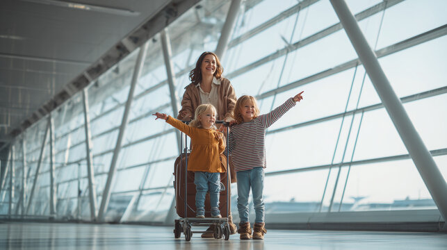 Cheerful mother with two young children standing in an airport, ready for vacation, capturing family travel, joy, and excitement in a bright modern terminal.
