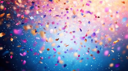 Multicolored confetti pieces and glittering particles falling through a dreamy blue and pink bokeh background, creating a joyful festive celebration atmosphere