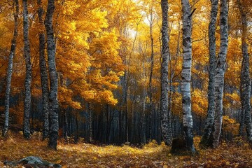 Obraz premium Sunlit birch forest with golden autumn leaves and white trunks rising from a leaf-covered clearing, dappled light and a serene, peaceful atmosphere