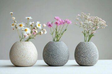 Three smooth speckled stone vases with delicate wildflowers — white daisies, pink blooms, and baby's breath on a pale table, calm minimalist still life