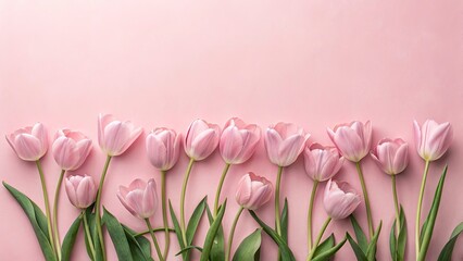 Soft pink tulips aligned along bottom edge of frame on pastel pink background for spring greeting card or banner with copy space