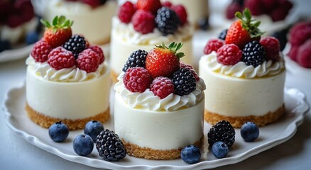 Mini vanilla cheesecakes with whipped cream topped with strawberries raspberries blackberries and blueberries on a white plate, elegant and appetizing