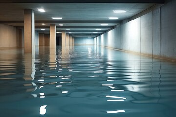 Flooded concrete underground parking structure with rows of pillars, ceiling lights and calm reflective water conveying an eerie, silent mood