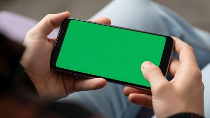 Hands Holding Modern Smartphone Horizontal Green Screen for App and Content Display