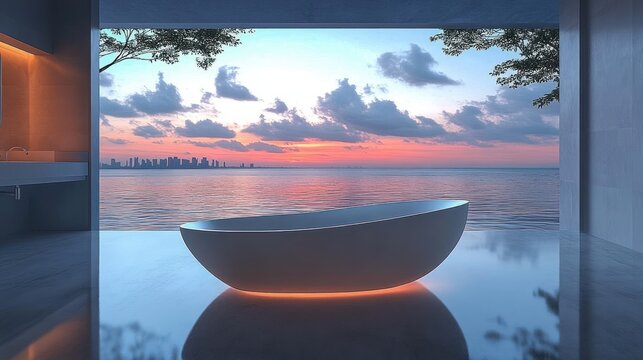 Minimalist freestanding bathtub glowing with warm underlight in a modern open bathroom overlooking calm ocean and distant city skyline at a serene sunset - Powered by Adobe