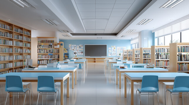 Spacious modern school library with rows of bookshelves, bright lighting, and study areas, creating an inviting learning environment for students.