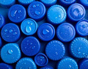 Overhead shot of blue plastic bottle caps with water droplets