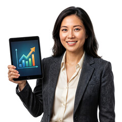 Confident young Asian businesswoman happily holding a tablet with business growth charts, showcasing success on isolated transparent background.