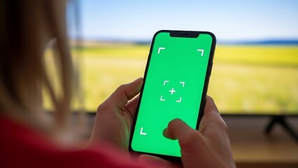 Person Holding Modern Smartphone with Blank Green Screen Display Against Blurred Outdoor Background