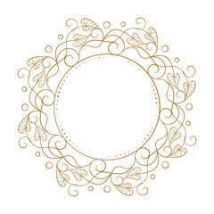 Graceful golden floral frame. Decorative botanical circle with curved vines and elegant detail