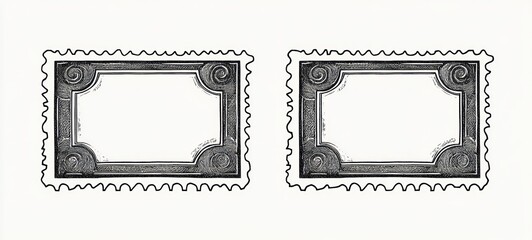 pair of ornate vintage engraved rectangular frames with decorative perforated postage style edges and blank centers, nostalgic antique mood