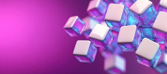 floating glossy cubes with translucent icy sides and smooth white tops in a vibrant pink and blue neon glow, futuristic playful and surreal mood