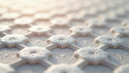 A modern 3d islamic geometric texture with intricate star patterns and a fine, light-colored granular material.