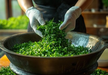 Gloved hands gently lifting a handful of steaming chopped green herbs over a large metal bowl in a warm sunlit kitchen, conveying focused care and fresh culinary preparation