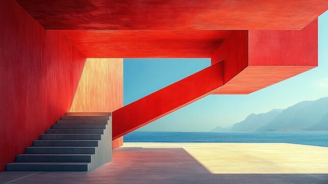 Minimalist red concrete cantilevered structure with stairs overlooking calm sea and distant mountains, bright sunlight and tranquil atmosphere