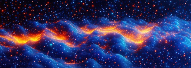 Glowing orange energy ribbon weaving through undulating blue particle waves and scattered stars, evoking cosmic wonder and dynamic motion