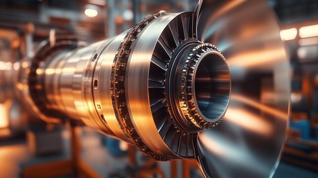 Close-up of a polished aircraft engine turbine with metallic fan blades in an industrial workshop, evoking precision, power and high-tech craftsmanship - Powered by Adobe