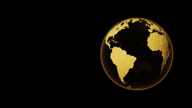 Luxury golden Planet Earth rotating loop with copy space on left, premium metal world globe 3D rendering for finance or business background.