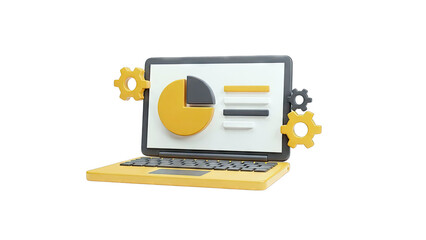 3D Laptop with Pie Chart and Gears