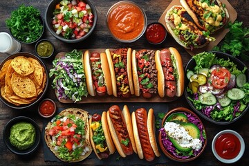 Overhead view of an abundant colorful spread of assorted hot dogs with varied toppings, fresh salads, bowls of guacamole, tortilla chips and sauces, evoking a festive appetizing mood