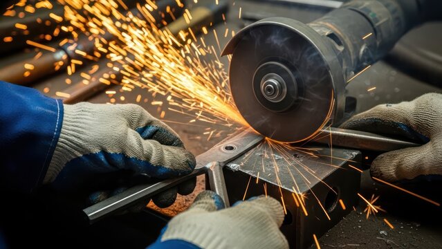 Industrial metalworker using a high-speed grinding disc to cut through metal with sparks flying - Powered by Adobe