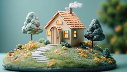 Cozy miniature cottage on a grassy flower-covered island with stepping stone path, glowing windows, curling chimney smoke and surrounding trees, whimsical peaceful atmosphere